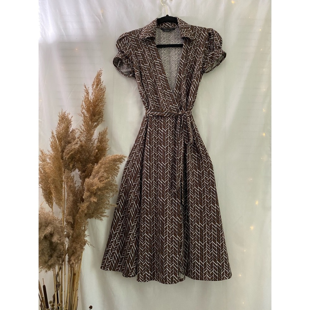 Vintage midi V-neck puff sleeves dress